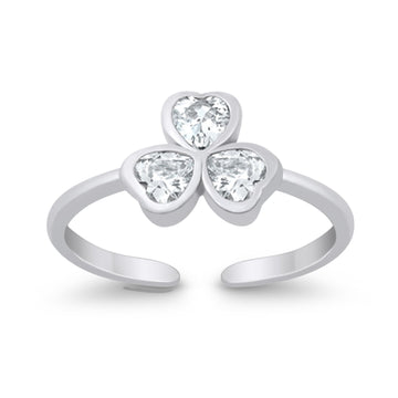 Hearts Clover Toe Ring Simulated Cubic Zirconia 925 Sterling Silver (7mm)